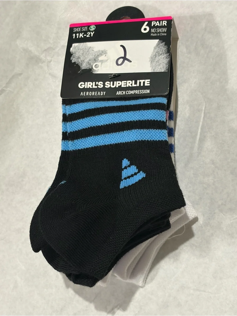 adidas Girls Superlite Aeroready Arch Compression No-Show Socks 6 Pairs 11K-2Y